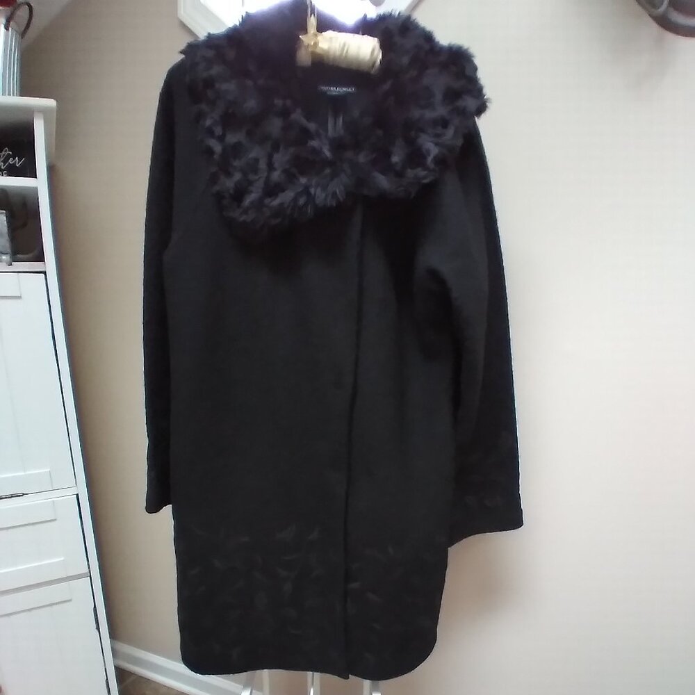 Cynthia Rowley Black Embroidered Wool Sweater With Black Faux Fur Collar